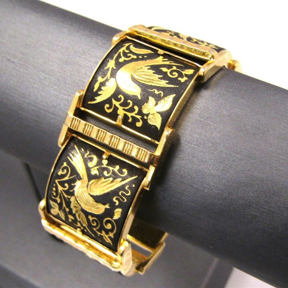 Stunning Vintage Damascene Swallows Panel Bracelet - Picture 2 of 6